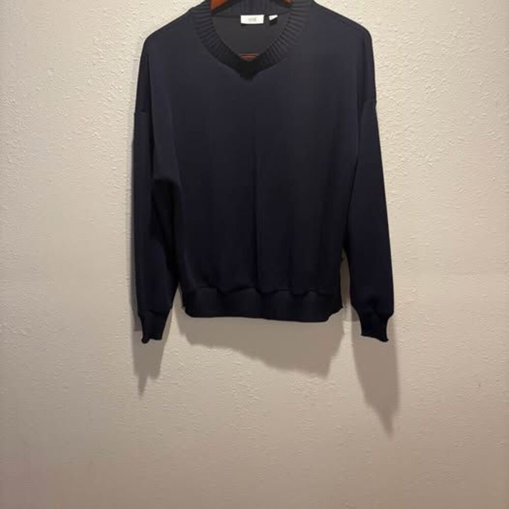 Yest Navy Blue Ribbed V-Neck Knit Pullover Sweater - Relaxed Fit Size 8 / M